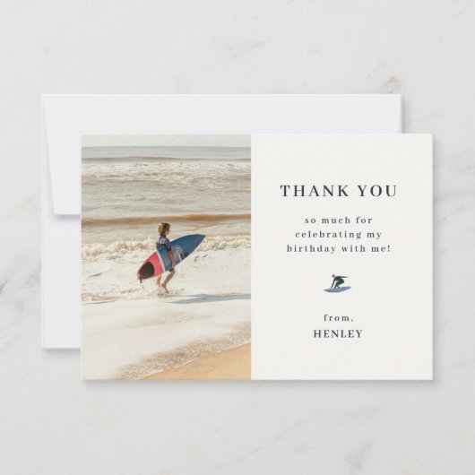 かっこいいサーフィンテーマの誕生日写真 サンキューカード (正面)