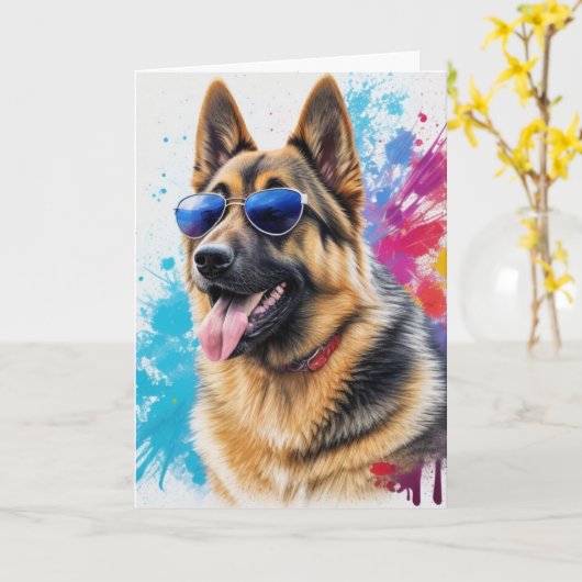 かっこいいジャーマンシェパードがサングラスをかけたスプラッシュアート カード (黄色い花)