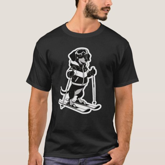 かっこいいスキー犬のモノクロカートゥーン Tシャツ (正面)