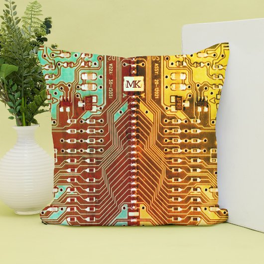 かっこいいターコイズイエロー ユニーク レトロ スチームパンク モノグラム クッション