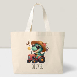 かっこいいティラノサウルス 農家の赤いトラクター ラージトートバッグ