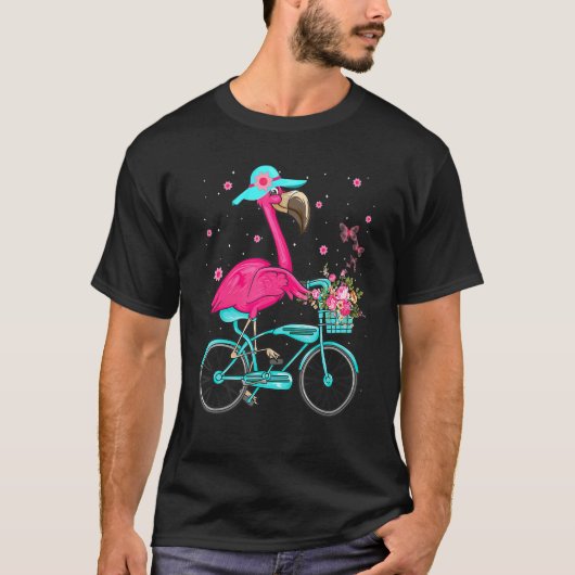 かっこいいフラミンゴが自転車に乗る鳥 Tシャツ (正面)