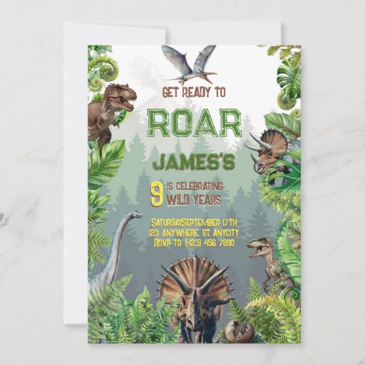 かっこいいリアルな恐竜の誕生日 招待状 (正面)