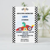 かっこいい恐竜レースカー男子ゲーム誕生日パーティー サンキューカード (スタンド正面)