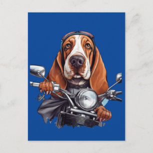 かっこいい犬バイク乗り、かわいいバセットハウンド犬ドライバー ポストカード