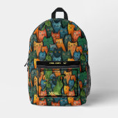 かっこいい猫カラフルな漫画猫 プリントバックパック (正面)