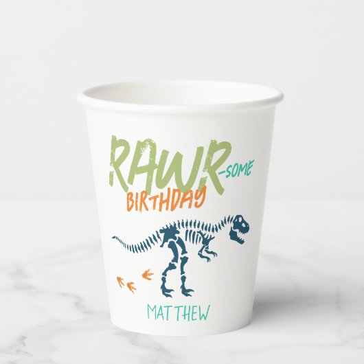 かっこいい青いT-REXの恐竜の化石 男の子の誕生日 紙コップ (正面)