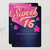 かっこいい モダン スーパースター タイポグラフィー ピンク ブルー 招待状 (正面/裏面)