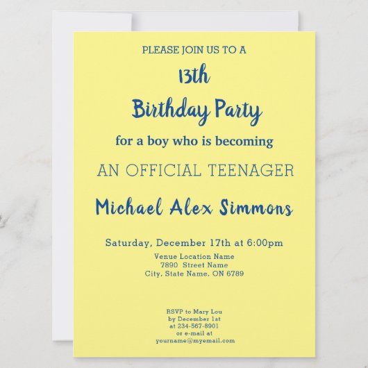 かっこいい 13歳の誕生日おめでとう 公式 ティーンエージャー男子誕生日 招待状 (裏面)