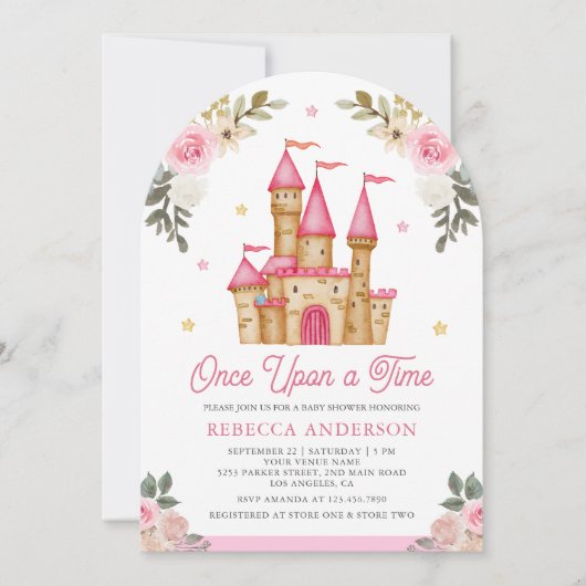かつてピンクのおとぎ話の城の赤ちゃんシャワー 招待状 (正面)
