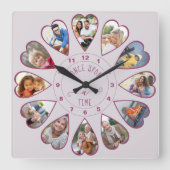 かつて12時にハート型の写真ピンク スクエア壁時計 (正面)