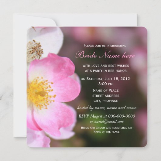 かなりワイルドなピンクのバラの花 ブライダルシャワー 招待状 (正面)