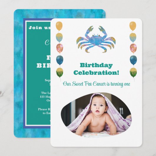 かに座の1歳の誕生日記念写真 インプレッショニスト ゴールド 招待状 (正面/裏面)