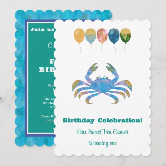 かに座の1歳の誕生日　印象派ゴールドラメ 招待状 (正面/裏面)