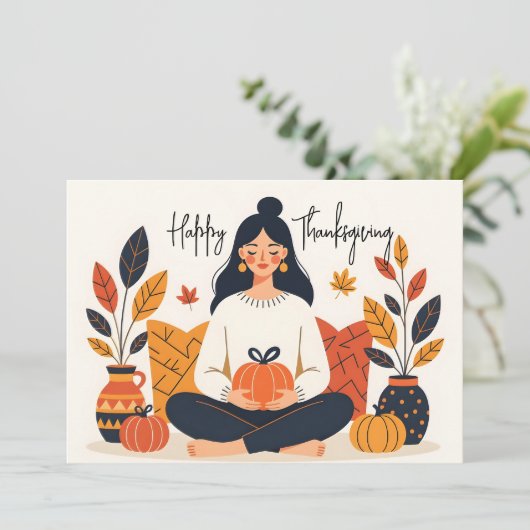 かぼちゃで幸せな感謝祭を持つ瞑想的な女性 カード (スタンド正面)