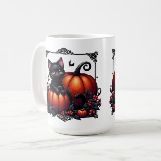 かぼちゃで愛らしい黒い子猫 コーヒーマグカップ (正面左)