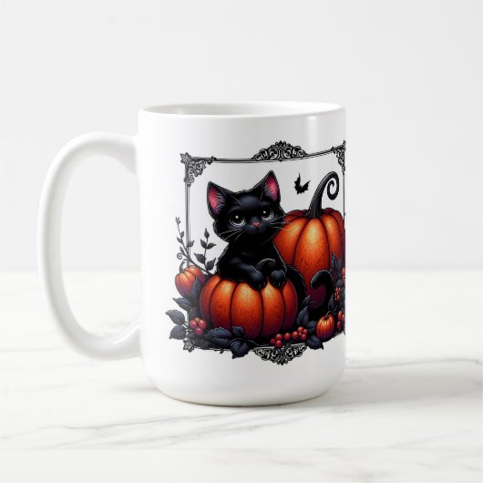 かぼちゃで愛らしい黒い子猫 コーヒーマグカップ (左)