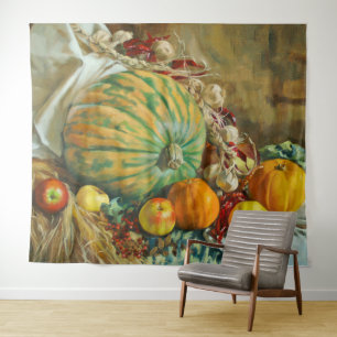 かぼちゃとりんごのレトロな静物画 タペストリー
