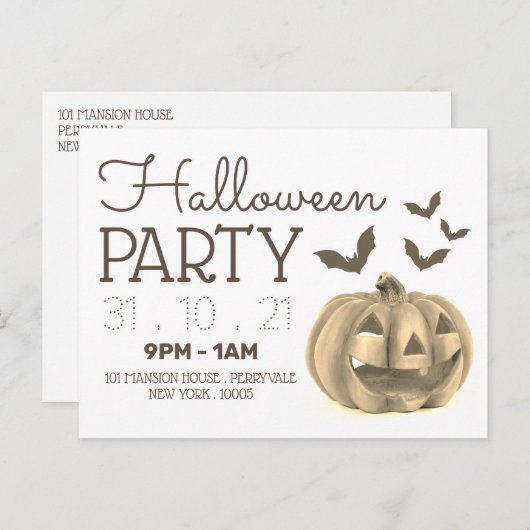 かぼちゃとコウモリ、ハロウィンパーティーの招待状 案内ポストカード (正面/裏面)