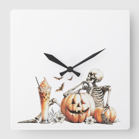 かぼちゃとドリンクのスケルトン。ハロウィン. スクエア壁時計 (正面)