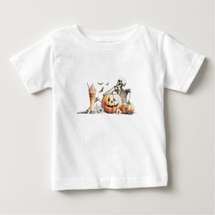 かぼちゃとドリンクのスケルトン。ハロウィン. ベビーTシャツ