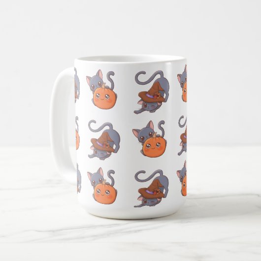 かぼちゃと魔女が登場するかわいいハロウィン猫 コーヒーマグカップ (正面左)