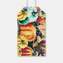 かぼちゃと黒い実、秋、落ち葉、感謝祭 ギフトタグ