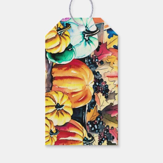 かぼちゃと黒い実、秋、落ち葉、感謝祭 ギフトタグ (正面)