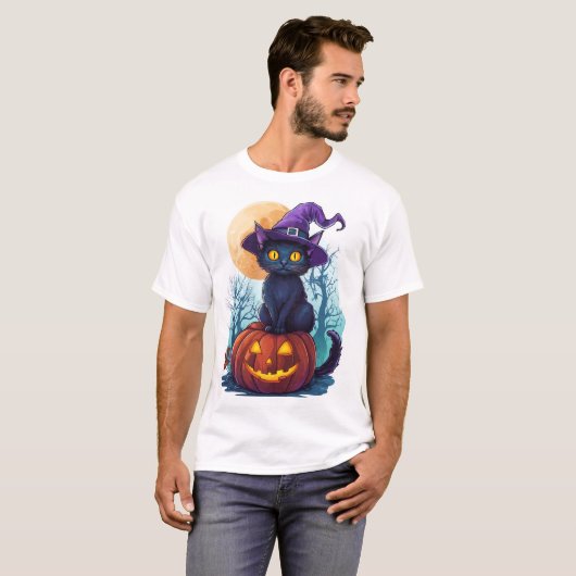 かぼちゃに乗った魔女猫 Tシャツ (正面フル)