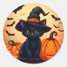 かぼちゃに囲まれた魔女の帽子をかぶったかわいい黒猫 ラウンドシール