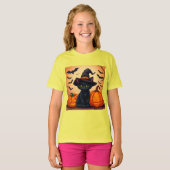 かぼちゃに囲まれた魔女の帽子をかぶったかわいい黒猫 Tシャツ (正面フル)