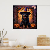 かぼちゃに囲まれた魔女帽子のかわいい犬 ポスター (キッチン)