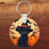 かぼちゃに囲まれた魔女帽子のかわいい黒猫 キーホルダー (正面)