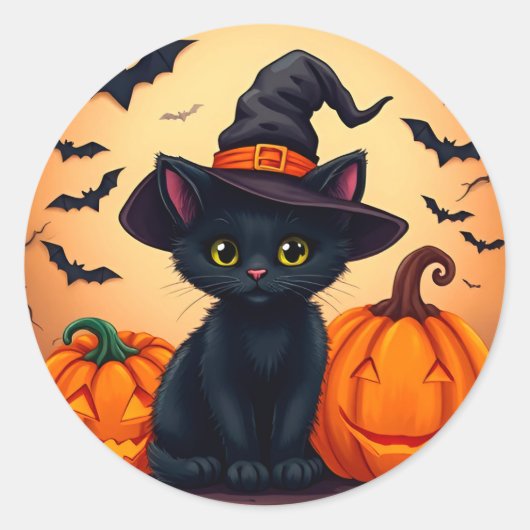 かぼちゃに囲まれた魔女帽子のかわいい黒猫 ラウンドシール (正面)
