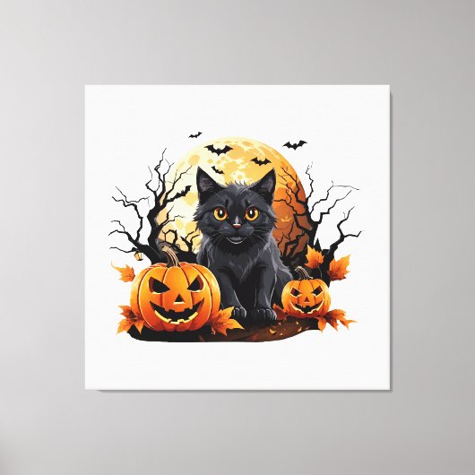 かぼちゃに囲まれた黒い猫 キャンバスプリント (正面)
