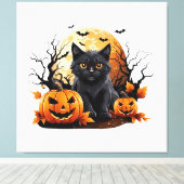 かぼちゃに囲まれた黒い猫 キャンバスプリント (インサイチュ (ウッドフロア))