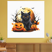 かぼちゃに囲まれた黒い猫 キャンバスプリント (インサイチュ (リビング))