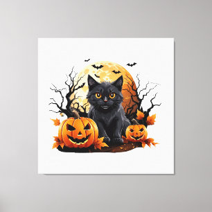 かぼちゃに囲まれた黒い猫 キャンバスプリント
