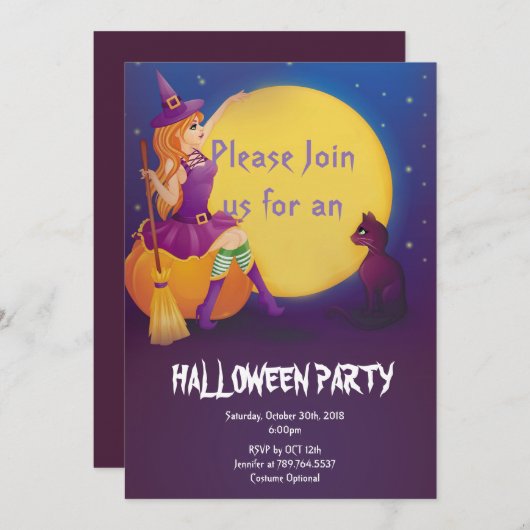 かぼちゃに座って猫ハローウィンパーティ 招待状 (正面/裏面)