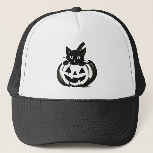 かぼちゃののぞき見 – 黒猫のハロウィンデザインが キャップ (正面)