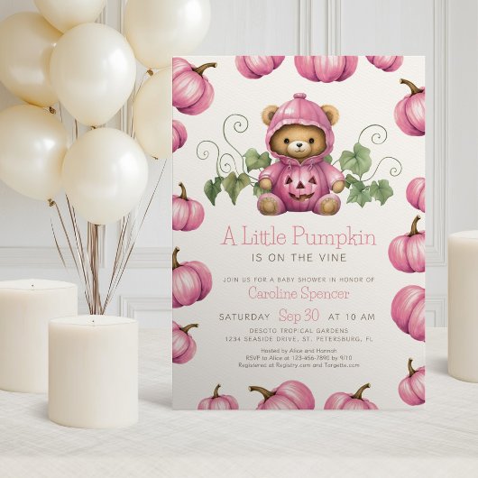 かぼちゃのテディベアの女の子の赤ちゃん歓迎会の招待状 招待状