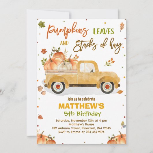 かぼちゃのトラック誕生日パーティー 秋 かぼちゃの誕生日 招待状 (正面)