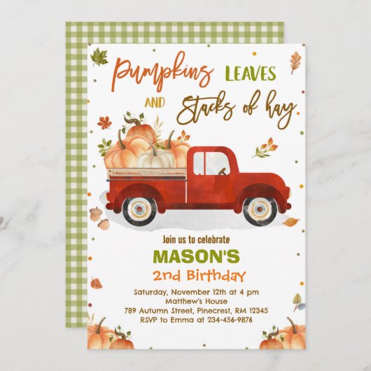 かぼちゃのトラック誕生日パーティー 秋 かぼちゃの誕生日 招待状 (正面/裏面)