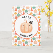 かぼちゃのハロウィーンにかこまれた、かわいい黒猫 カード (黄色い花)