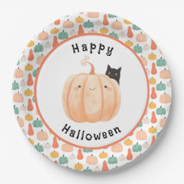 かぼちゃのハロウィーンにかこまれた、かわいい黒猫 ペーパープレート
