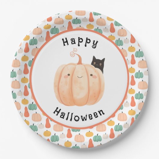 かぼちゃのハロウィーンにかこまれた、かわいい黒猫 ペーパープレート (正面)