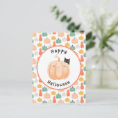 かぼちゃのハロウィーンにかこまれた、かわいい黒猫 ポストカード (スタンド正面)