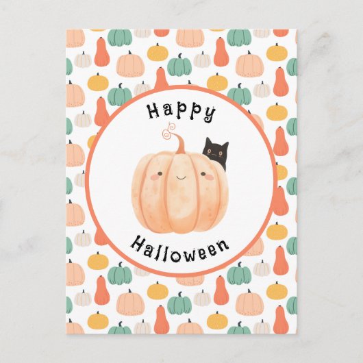 かぼちゃのハロウィーンにかこまれた、かわいい黒猫 ポストカード (正面)