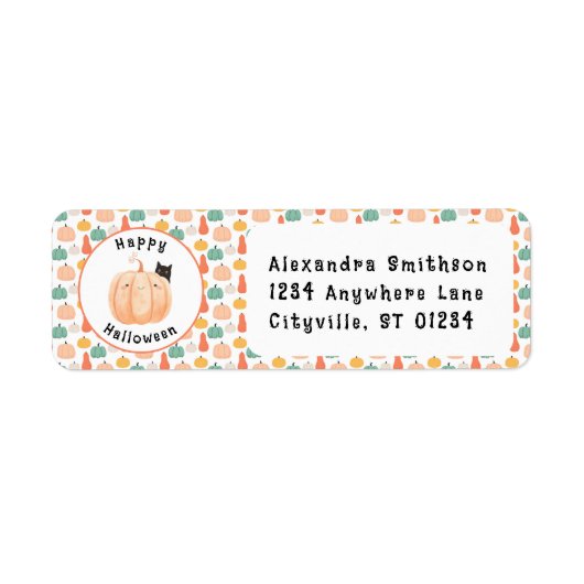 かぼちゃのハロウィーンにかこまれた、かわいい黒猫 ラベル (正面)