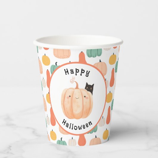 かぼちゃのハロウィーンにかこまれた、かわいい黒猫 紙コップ (正面)